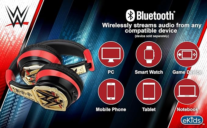 eKids WWE Bluetooth Headphones, Wireless Headphones with Microphone Includes Aux Cord, Kids Earphones for School, Home, or Travel