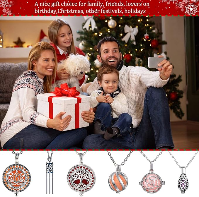 Hicarer 6 Pcs Essential Oil Diffuser Necklace for Women, Aromatherapy Locket Pendant Stainless Steel Scent Necklace with 60 Pieces Refill Pads and Balls for Men Women Jewelry Accessory Birthday Gift