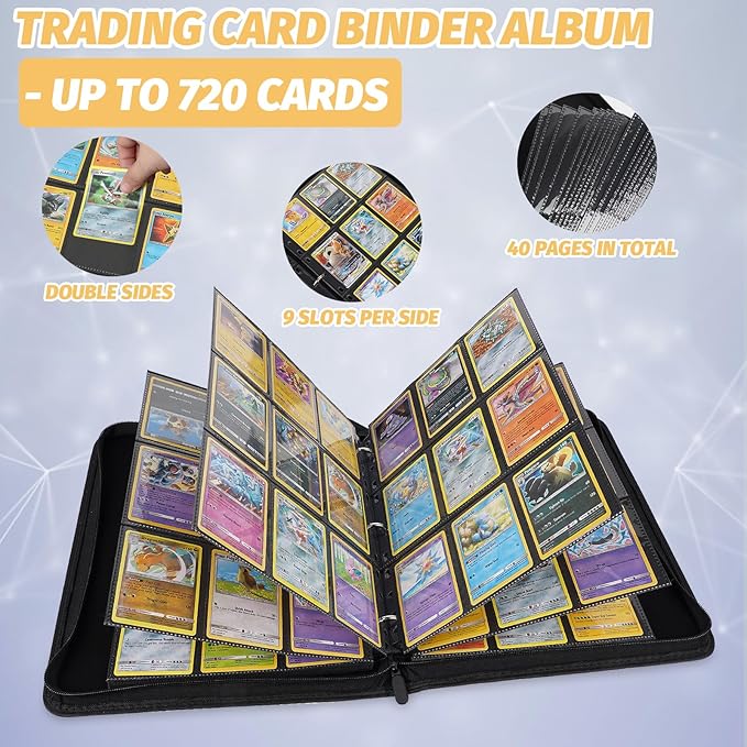 GERMUN Trading Card Binder, Premium 9 Pocket Card Binder, 720 Double Sided Pocket PU Collection Binder, Collector Album, Card Holder for MTG, TCG, Sports Cards (Diamond Black)