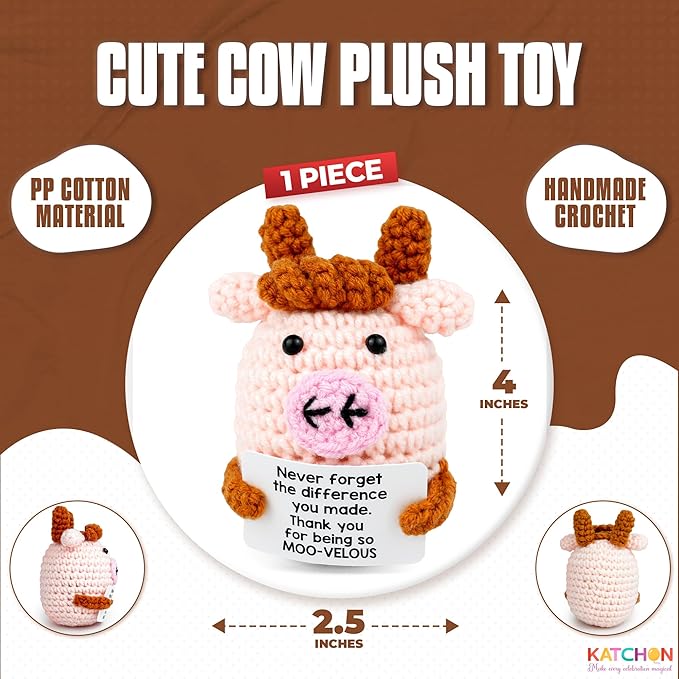KatchOn, Mini Funny Positive Cow Gifts | Emotional Cheer Up Support Gift for Women, Men, Coworker, Friends, Teen | Handmade Crochet Highland Cow Gift for Christmas, Birthday, Bosses Day, Thanksgiving