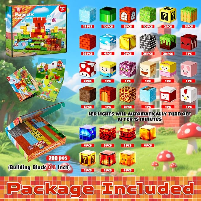 200PCS Magnetic Blocks with Light Blocks - Magnetic Blocks for Kids Ages 4 5 6 7 8 9 10, Magnetic Building Cubes, Magnetic Building Block, Birthday Gifts for 3-10 Years Old Boy Girls, STEM Toy