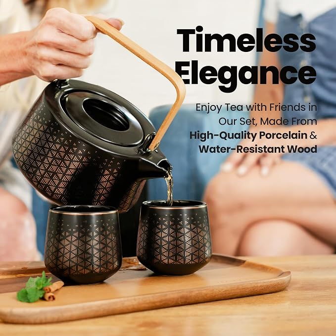 Viante Luxury Tea Set, Electric Kettle with Infuser, No Plastic In Contact With Water, 1.5L Borosilicate Glass, Ceramic Teapot, 4 Ceramic Cups, Bamboo Tray, Gift Box for Tea Lovers