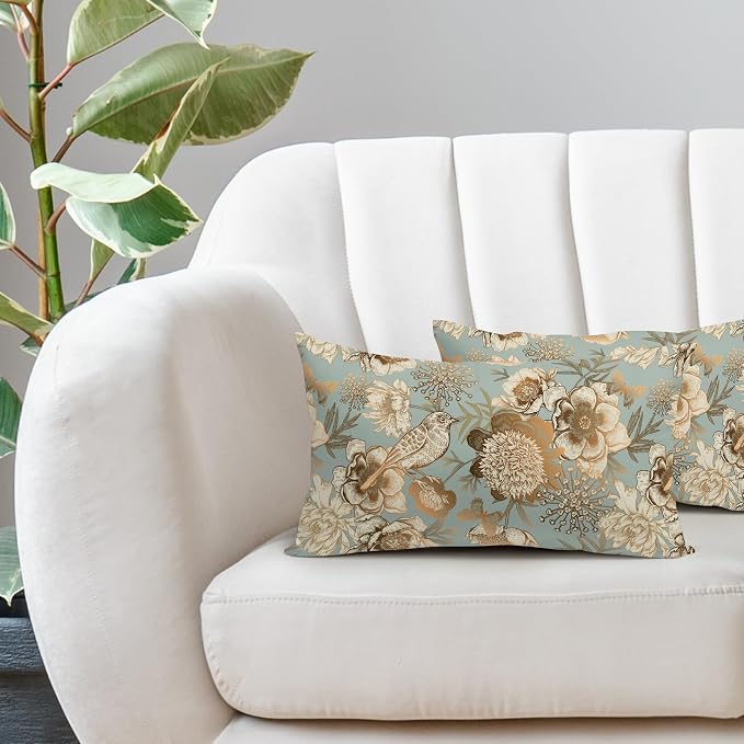 Vintage Floral Lumbar Pillow Covers 12X20 Inch Set of 2 Rose Gold Flowers Bird Butterfly Decorative Pillow Cases Blue Brown Cotton Linen Cushion Case Farmhouse Home Decor For Sofa Couch Living Room