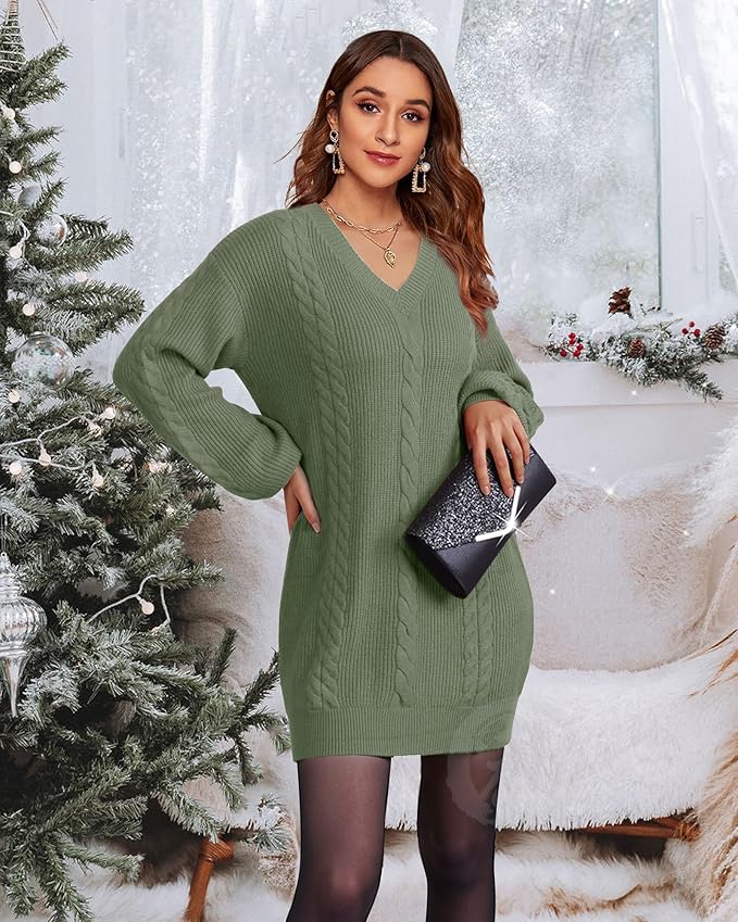 Women's Pullovers Jumper Sweaters Lantern Sleeve Casual V Neck Fall Knit Mini Sweater Dresses