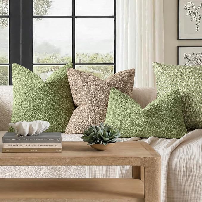 Foindtower Set of 2, Decorative Textured Boucle Throw Pillow Covers Accent Solid Pillow Cases Neutral Cozy Couch Cushion Case for Chair Sofa Bedroom Living Room Home Decor 24x24 Inch Leaf Green