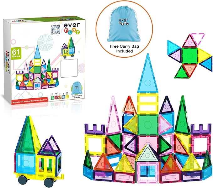 61pc Magnet Tile Building Blocks with Car Base Drawstring Carry Bag Magnetic Construction Toy Structure Build Magnets Toyset Preschool Montessori Toys for Sensory STEAM Education Age 3+ EP61