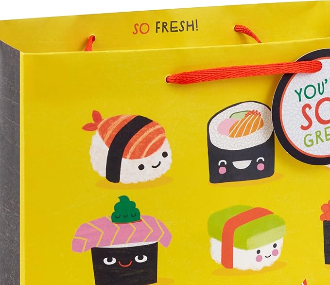 Hallmark 7" Medium Horizontal Gift Bag with Tissue Paper and Gift Tag (Sushi, You're Soy Great!) for Birthdays, Graduations, Congrats, Thank You