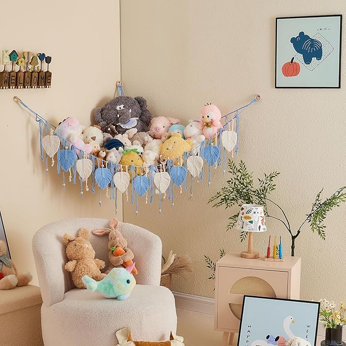 Pretty Jolly Macrame Stuffed Animal Hammock with Beads Hand Woven Leaf Tassels Corner Hanging Net Boho Plush Holder for Toys Kid Room Nursery Decor Easy Install Organizer for Girls Gift(Light Blue)