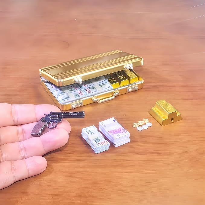 1:6 Scale Miniature Briefcase Set - Includes Fake Gold Bars, Bundles of $100 Mini Dollar Bills, Vintage Coins and Mini Weapons - Unique Adult NoveltyToy & Dollhouse Accessories (Golden)