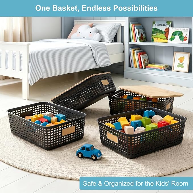 4 Pack Plastic Storage Bins with Bamboo Lids, 6.2qt Stackable Storage Organizer Box with Lable for Pantry Shelves Drawers Desktop Office, 12"L x 8.3"W x 3.5"H, Black