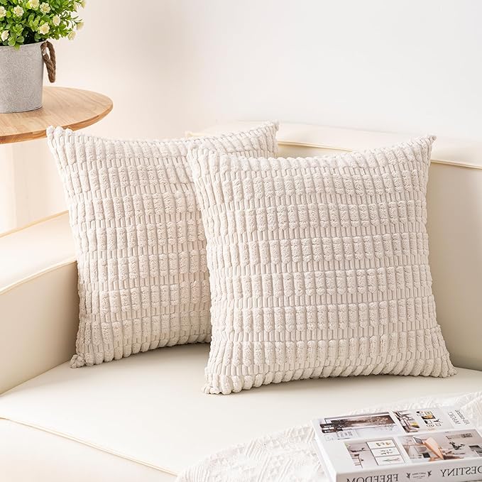 Pack of 2 Corduroy Decorative Throw Pillow Covers 24x24 Inch, Cream White | Fall Soft Striped Pillow Covers Modern Farmhouse Home Decor Christmas Throw Pillow Covers for Sofa Living Room Couch Bed