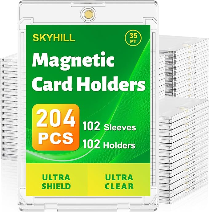Skyhill 102ct Magnetic Card Holders, 35pt Acrylic One Touch Card Holder with Extra 102 Protective Sleeves, U-V Protection& Waterproof Hard Plastic Card Protectors for Trading Cards, Sports, Game Cards