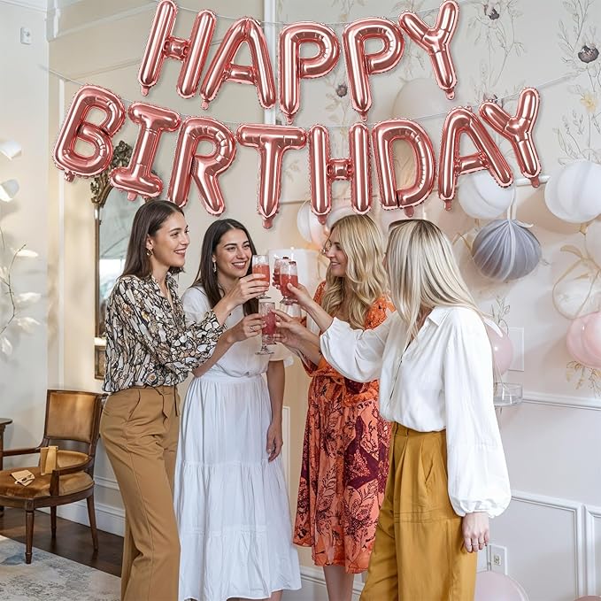 Happy Birthday Banner Balloon Rose Gold, 16 Inch Happy Birthday Mylar Foil Balloon Letters Banner, Self Inflating Birth Balloons Bunting for Girls Women Bday Party Decorations Supplies