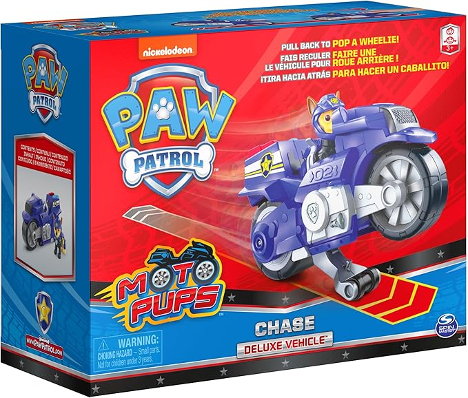 Paw Patrol, Moto Pups Chase’s Deluxe Pull Back Motorcycle Vehicle with Wheelie Feature and Toy Figure