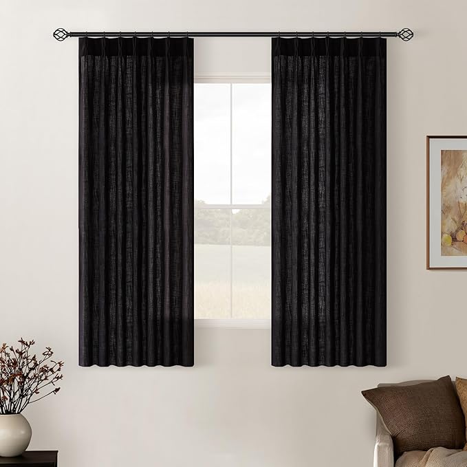 Black Pinch Pleated Linen Semi Sheer Curtains 45 Inch Length 2 Panels Set | for Kitchen Small Bay Window Basement, Pinch Pleated with Hooks Rings Back Tab, Memory Shape, Thick Linen Semi Sheer, W40xL45