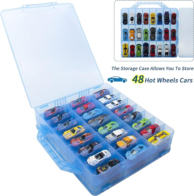 Double Sided Storage Case for 48 Cars, Matchbox Cars, Mini Toys, Small Dolls - Portable Transparent Case (Blue)