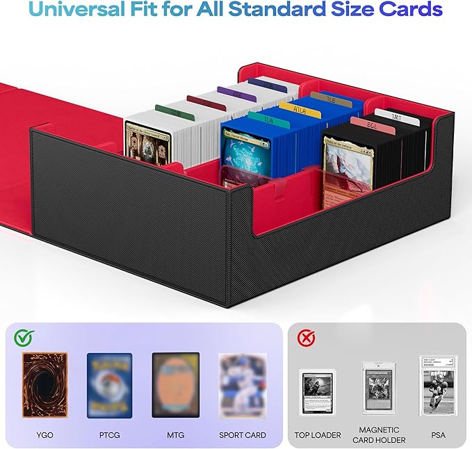 UAONO Trading Card Storage Box, Holds 1800 Sleeved Cards with 10 Dividers & 3 Stoppers, Magnetic Closure PU Leather Card Case for MTG, PTCG, YGO, Sports Cards (Black&red)