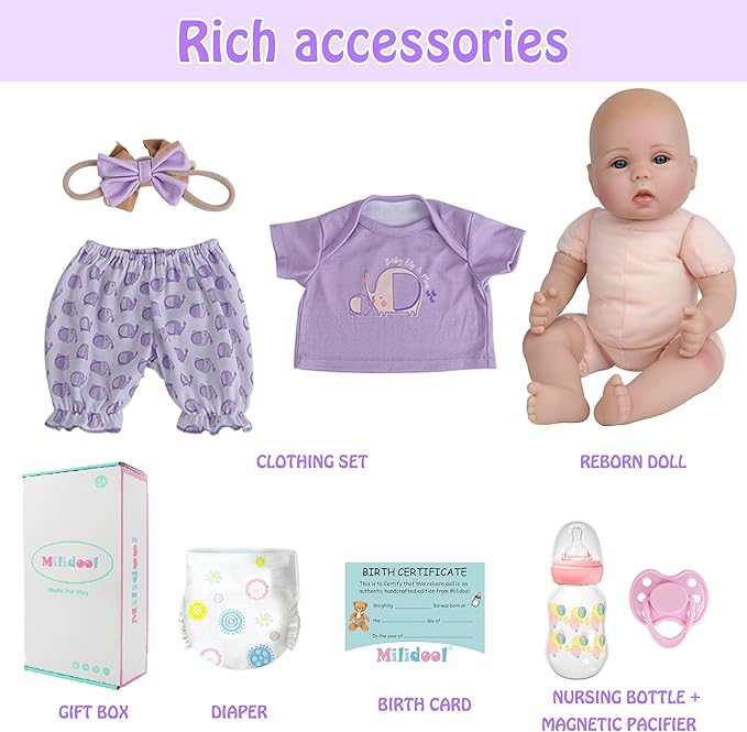 Milidool Lifelike Reborn Baby Dolls Girl - Realistic 18-Inch Newborn Baby Doll, Nice Gift for Kids Age 3+, Parents-to-be, Grandparents,Purple Clothes