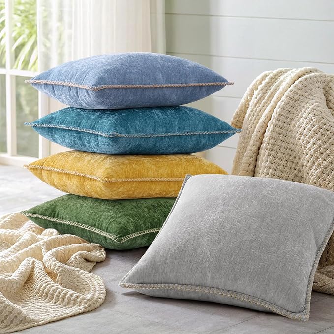 decorUhome Soft Chenille Throw Pillow Covers 20x20 Set of 2 Teal | Fall Textured Decorative Throw Pillow Cases Stitched Edge Modern Farmhouse Luxury Boho Velvet for Couch Sofa Bed Home Decor
