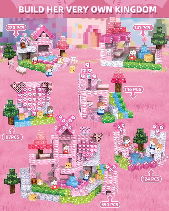 Magnetic Blocks Large 1 Inch 220 PCS, Super Strong Magnets, Magnetic Building Cubes for Girls, Pink Dream House STEM Educational Construction Kit for Kids Ages 3-5, 4-8, 8-12 | Ideal Gift