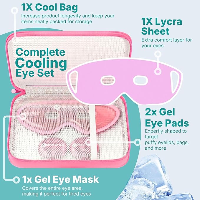 Medi Grade Cooling Gel Eye Mask for Puffy Eyes, Pink Set – Reusable Gel Eye Mask and Cooling Eye Pads with Thermo-Bag for Dark Circles and Morning/Night Skincare Routine – Reversible Cold Eye Mask