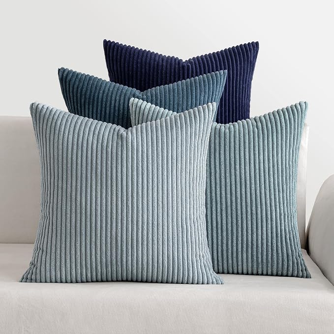 MIULEE Soft Corduroy Decorative Throw Pillow Covers Blue Navy Series 20x20 | Set of 4, Modern Nordic Coastal Decor, Classic Blue Palette, Boho Farmhouse Cushion Covers for Couch Bed Sofa Living Room