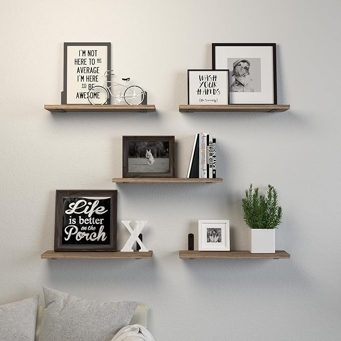 DOLLFIO Floating Shelves, 5 Sets Wall Shelves, Wood Floating Shelves for Bedroom Wall Décor, Wall Mounted Floating Bathroom Shelf for Storage, Floating Book Shelf, Living Room – Rustic Brown