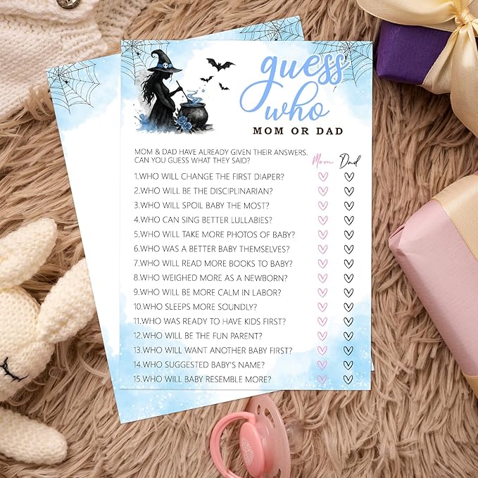 Hilarious Baby Shower Games, 25 Sets Halloween Who Mom or Dad, Blue Witch Gender Reveal Party Game Cards for Announcement Supplies - B01