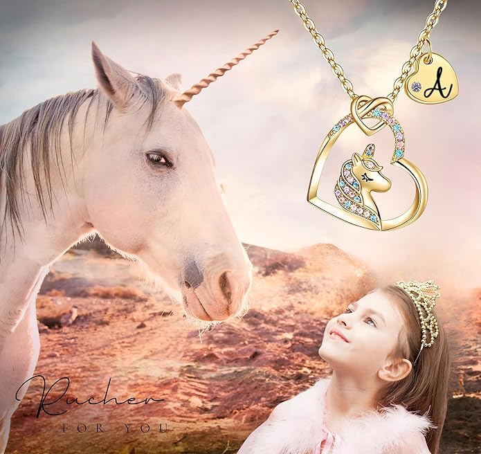 Valentines Day Gifts for Kids Girls - Unicorn Necklace for Girls with Initial Heart Pendant & Gift Box, 18K Gold Fashion Kids Jewelry, Colorful Heart Necklace for Birthdays & Costume Parties.