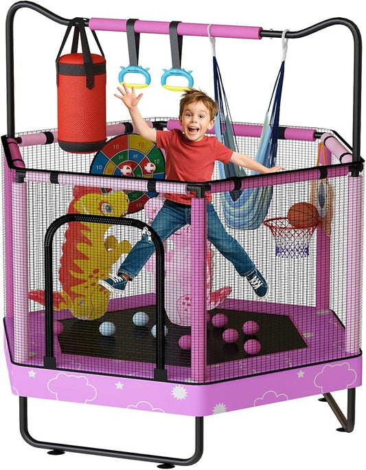 LAMERGE 55" 7-in-1 Round Trampoline for Kids Boys & Girls Ages 1-8, Indoor & Outdoor Trampoline for Fun, Adjustable Height Handrail ＆ Enclosed Safety Net ＆ Durable Designs for Toddlers Children