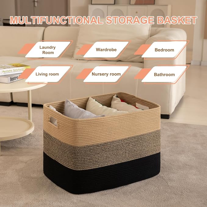 OIAHOMY 108L Super Large Blanket Basket, 25”x16”x16” Rectangle Woven Baskets for Storage, Cotton Rope Basket For Living Room, Toy Storage with Handle - Yellow Black