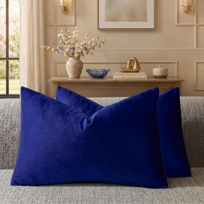 GIGIZAZA Royal Blue Velvet Throw Pillow Covers 12x20 Pack of 2 | Decorative Lumbar Pillows for Couch Sofa,280gsm Soft Textured Fabric,Modern Pillowcases,Luxury Cushion Covers