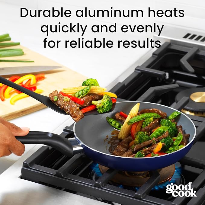 GoodCook Basics Fry Pan Ceramic Nonstick Aluminum Construction for Even Heating Non-Toxic PTFE & PFOA Free, 8-Inch, Blue