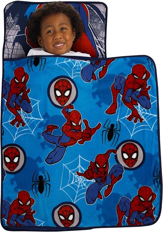 Disney Marvel Spiderman Wall Crawler Red, White, and Blue Spider Webs Preschool Toddler Nap Mat