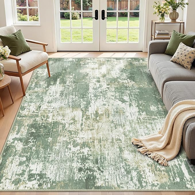 RELEANY Washable 4'x6' Abstract Area Rug for Living Room Light Green | carpet for bedroom, kitchen, office, hallway and entryway, printed pattern, non-slip, soft, stain-resistant, easy to clean