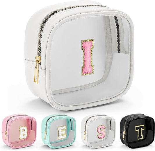YOOLIFE Initial Make Up Bag Travel Toiletry Bag, Clear Makeup Bag Preppy Cosmetic Bags Organizer Travel Essentials Gifts for Women Teen Girlfriend Teacher Mom Birthday Mothers Day Gifts White I