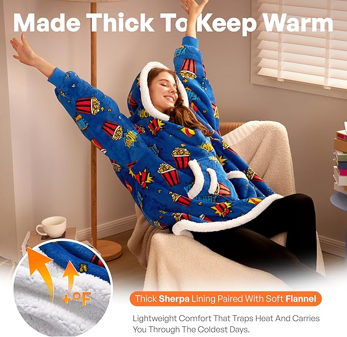 Giggling Getup Wearable Blanket Hoodie for Adults Gifts for Teen Girls Sister Women Sherpa Fleece Printed Hooded Blanket Sweatshirt Warm Cozy with Pocket & Sleeves Blue Popcorn