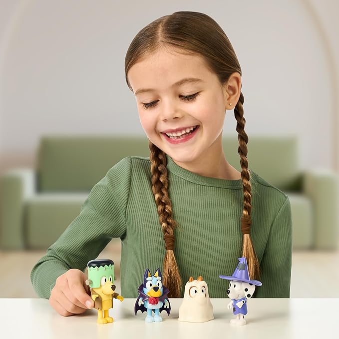 Bluey Figure 4-Packs, Halloween, 2.5" Poseable, Bingo, Chloe & Lucky Dressed in Halloween Costumes, with Accessories, Kids Can Recreate Their Favorite Moments