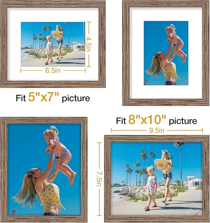 Vittanly 8x10 Picture Frames Set of 9 for Wall Mount or Tabletop, Dark Oak | Display Pictures 5x7 with Mat or 8x10 without Mat, Small Photo Frames, Engineered Wood with Shatter Resistant Plexiglass
