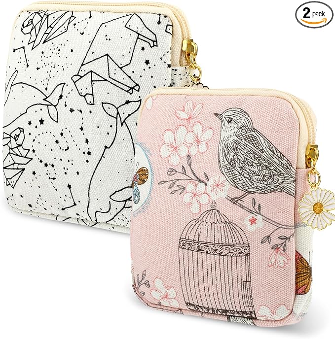 cobee 2PCS Sanitary Pad Storage Bag, Cute Sanitary Napkin Storage Purses Portable Period Bag with Daisy Zipper Panty Liner Tampon Menstrual Cup Nursing Pad Holder Pouch for Girls Women Travel(Bird)