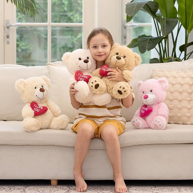 MaoGoLan Small Teddy Bear with Red Heart, I Love You Valentines Teddy Bear Stuffed Animal Pink,Velvet Red Heart Bear Gift for Kids,Girlfriend,Wife,12"