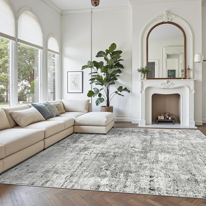 Soalmost Abstract Rug 8x10 Large Living Room Area Rugs Washable Gray/White | Modern Non-Slip Carpet for Dining Bedroom, Stain Resistant Foldable Thin Low Pile Floor Mat Under Table Home Office Decor