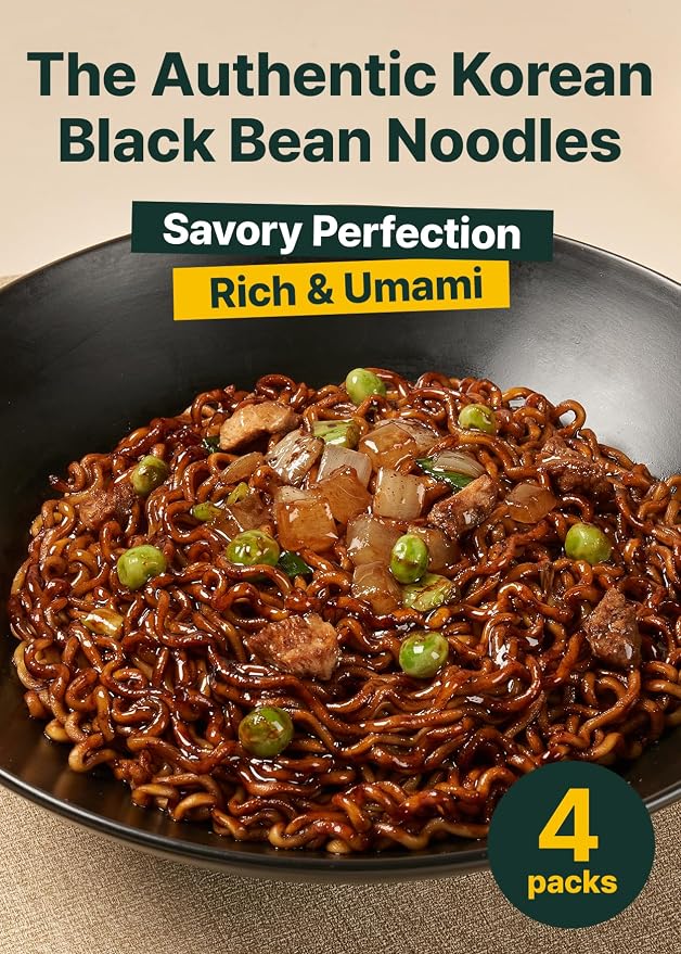 TBK THEBORN Paik Jjajang, Korean Black Bean Instant Ramen 140g x 4 Packs | Instant jjajang noodles with a rich savory black bean sauce for quick Korean-style meals at home, work or school