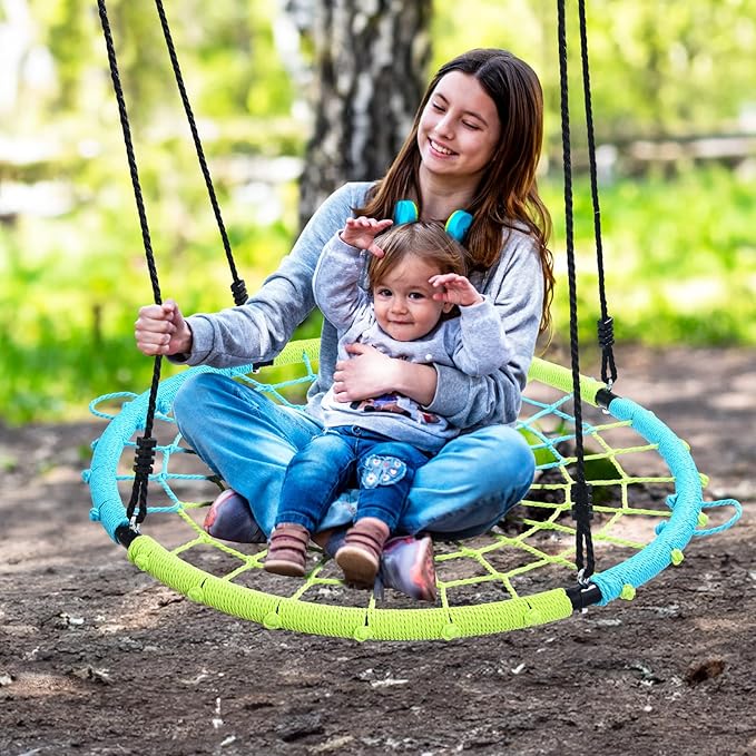 Trekassy 750lbs 40" Spider Web Saucer Tree Swing for Kids Adults, Outdoor Net Swing with Steel Frame and 2 Hanging Straps-Blue+Green (Patented)