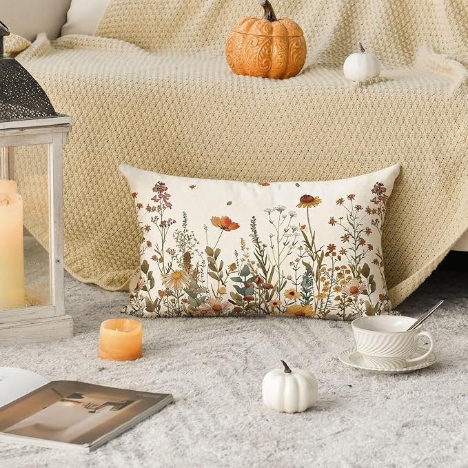 AVOIN colorlife Fall Flowers Throw Pillow Cover 12x20 Inch | Seasonal Autumn Thanksgiving Harvest Decoration for Sofa Couch Farmhouse Living Room Decor