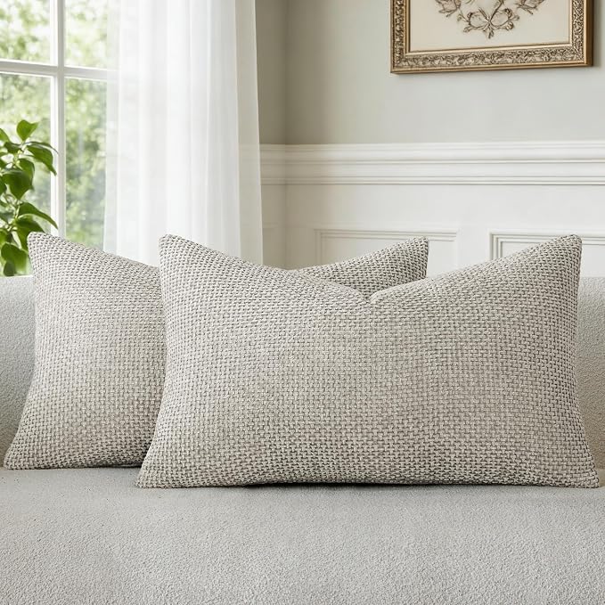 a moment Grey-Beige Chenille Throw Pillow Covers 12x20 Inch Pack of 2 Modern Decorative Throw Pillow Cases Farmhouse Cross Throw Pillowcases Home Decor for Sofa Bedroom Living Room