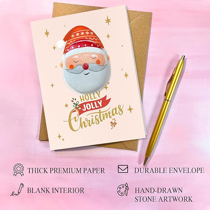 Handmade Vintage Santa Christmas Greeting – Retro Holiday Design with Envelope – 1950s Style Christmas Stationery, Pebble Art Nostalgic Keepsake for Holiday Gifting