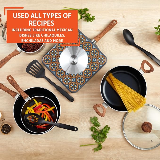 IMUSA 10 Piece Talavera Aluminum Black Ceramic Cookware Set | Black Ceramic Nonstick Coating, Cool-Touch Handles and Glass Lid, Ideal for Mexican Dishes, Great for Gifting