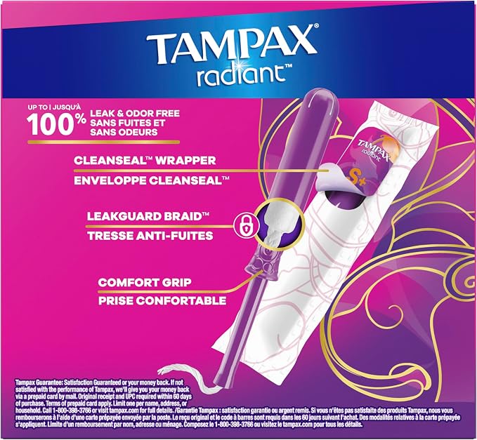 Tampax Radiant Tampons, with LeakGuard Braid, Super Plus Absorbency, Unscented, 28 Count, Packaging May Vary