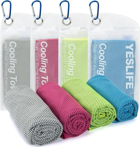 YESLIFE 4 Pack Cooling Towels (40"x12"), Gym Sweat Towels, Cooling Neck Wraps, Soft Breathable Microfiber Towels for Yoga, Running, Sport, Workout, Camping & More (Multicolor)